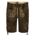 Brown leather shorts with gold embroidery on a white background