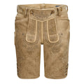 Beige leather shorts with intricate embroidery on a white background