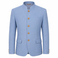 A men's light blue mandarin collar blazer jacket with five brown buttons, shown on a plain white background.