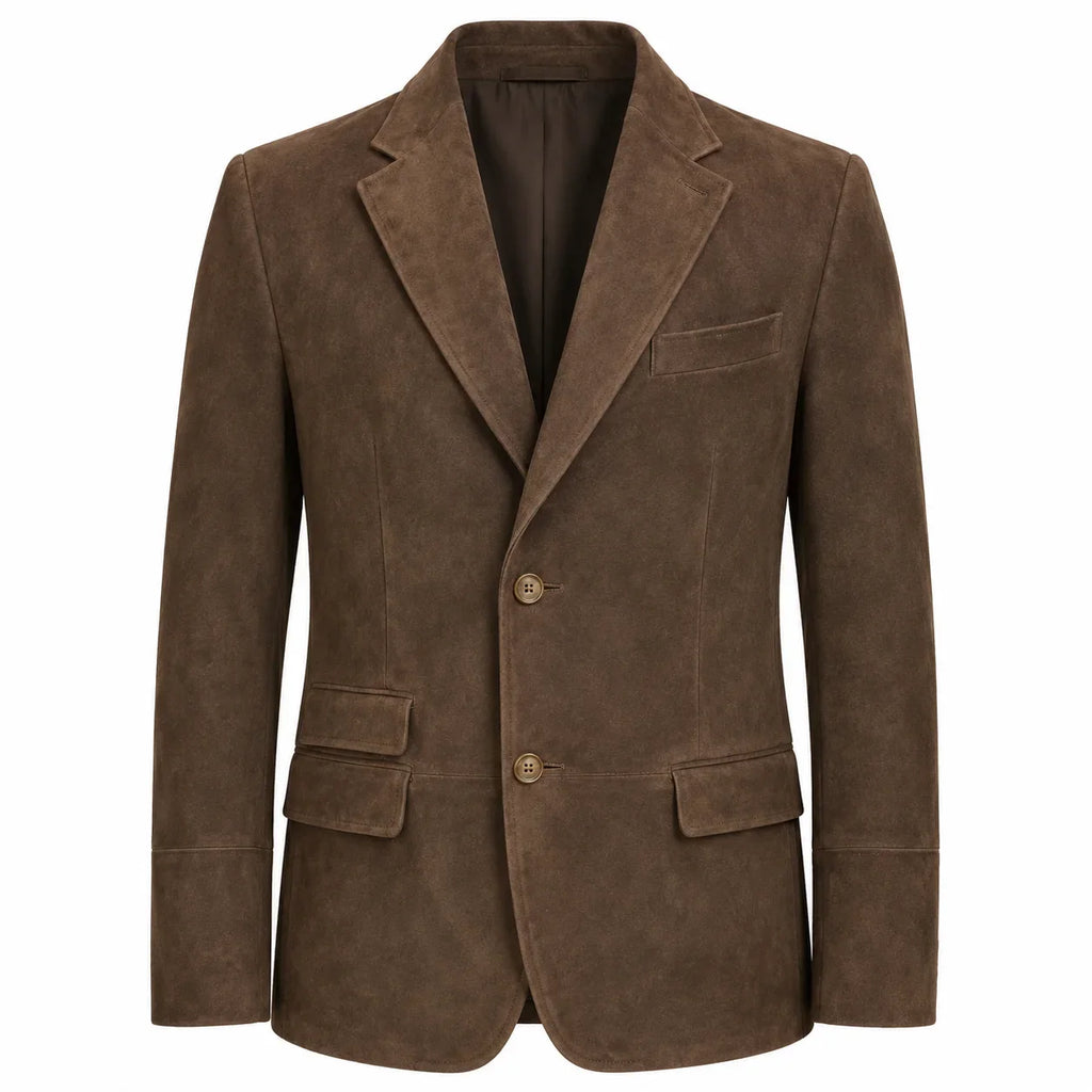 A brown suede blazer jacket with notch lapels, two front buttons, and flap pockets, shown on a plain white background.
