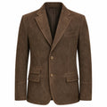 A brown suede blazer jacket with notch lapels, two front buttons, and flap pockets, shown on a plain white background.