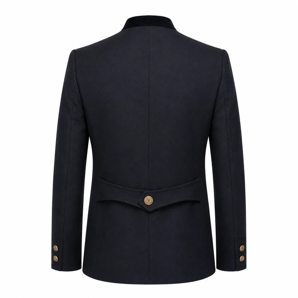 A dark navy blue men's blazer shown from the back, featuring a structured collar, long sleeves, and a single decorative gold button at the waist.