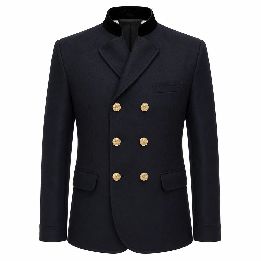 A dark navy blue double-breasted blazer with gold buttons and a black collar, shown on a plain white background.