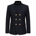 A dark navy blue double-breasted blazer with gold buttons and a black collar, shown on a plain white background.