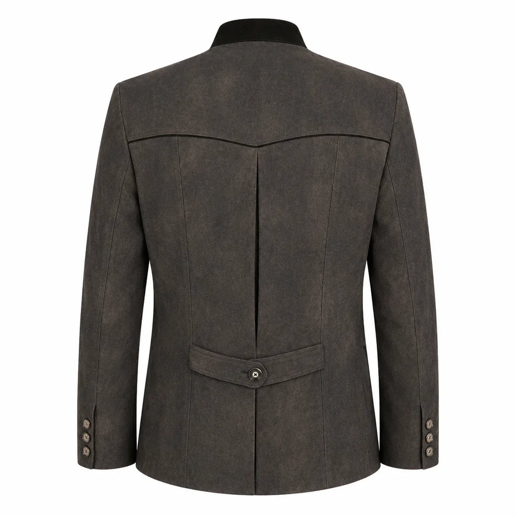A dark brown textured blazer shown from the back, featuring a single button closure at the waist, a single button cuff, and a black collar, set against a plain white background.