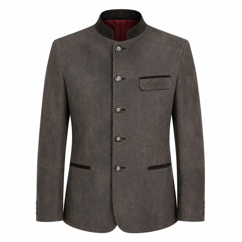 A men's dark gray textured jacket with a mandarin collar, four front buttons, a chest pocket, and welt pockets, shown on a plain white background.