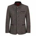 A men's dark gray textured jacket with a mandarin collar, four front buttons, a chest pocket, and welt pockets, shown on a plain white background.