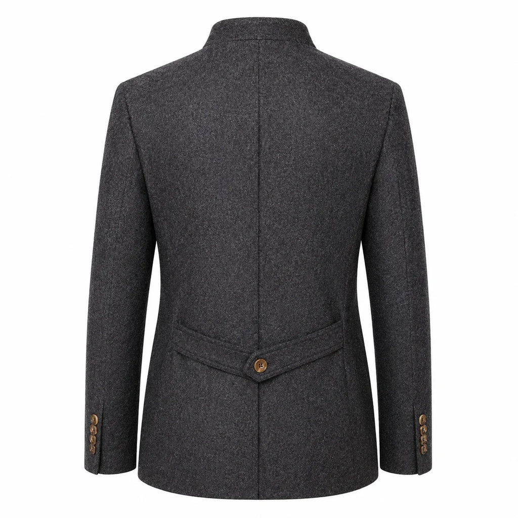 A dark gray textured wool-blend blazer shown from the back, featuring a single brown button at the waist and matching button details on the cuffs, set against a plain white background.