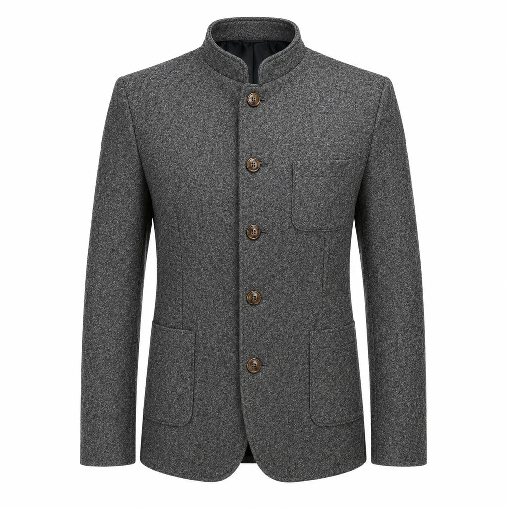 A men's gray textured wool jacket with a mandarin collar, four brown buttons, and front flap pockets, shown on a plain white background.