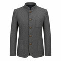 A men's gray textured wool jacket with a mandarin collar, four brown buttons, and front flap pockets, shown on a plain white background.