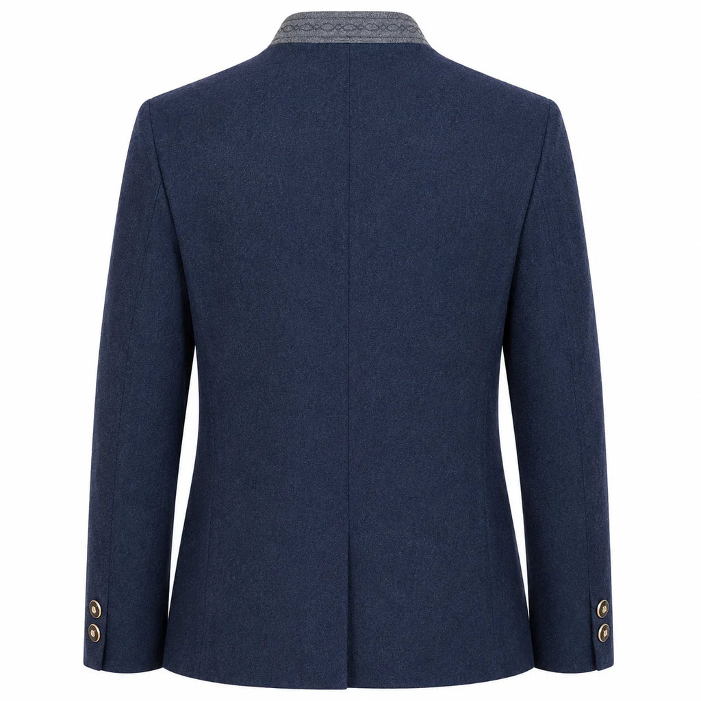 A navy blue wool blazer shown from the back, featuring a textured gray collar and gold-tone button details on the cuffs, set against a plain white background.