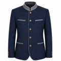 A men's traditional-style jacket in dark navy blue, featuring a mandarin collar with gray embroidered trim, gold-tone buttons, and gray piping details on the chest and cuffs, shown against a plain white background.