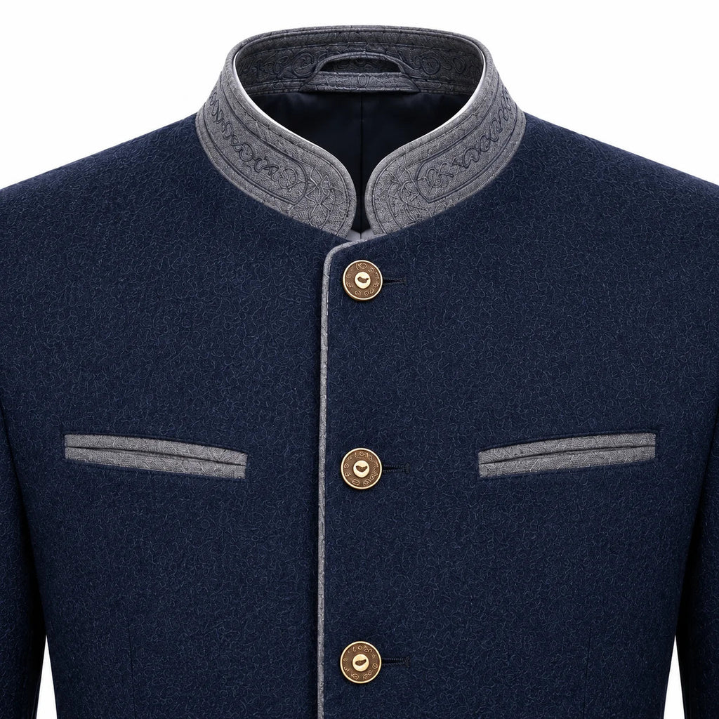A close-up of a men's traditional-style jacket in dark navy blue with contrasting gray trim on the stand collar, button placket, and chest pockets, featuring three gold-tone buttons.