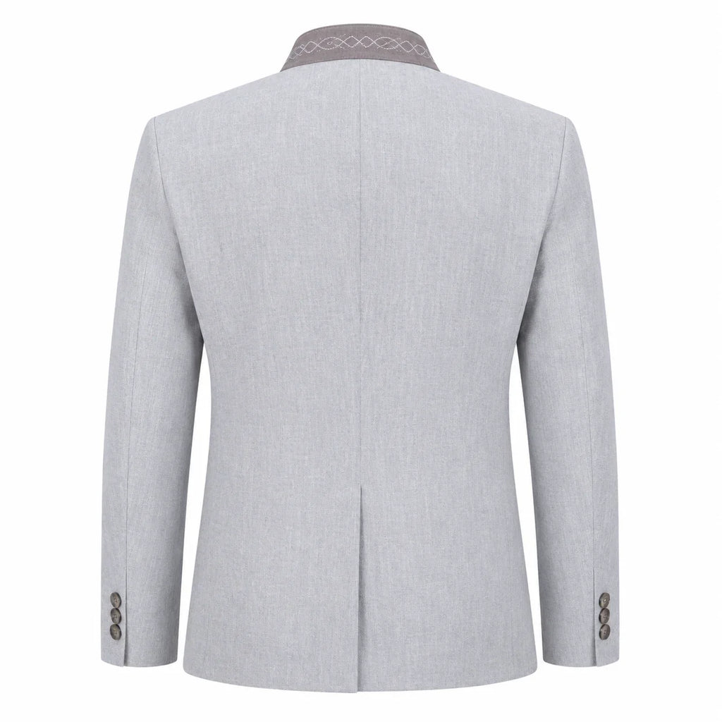 The back view of a light gray textured blazer with a patterned gray collar and button details on the cuffs, shown against a plain white background.