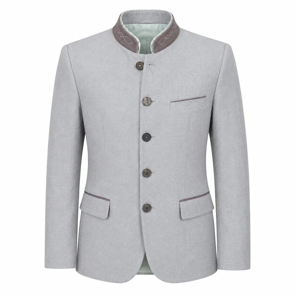 A light gray men's traditional jacket with a mandarin collar, dark brown buttons, and a light green lining visible at the collar, shown on a plain white background.