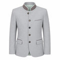 A light gray men's traditional jacket with a mandarin collar, dark brown buttons, and a light green lining visible at the collar, shown on a plain white background.