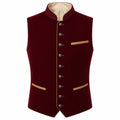 A men's waistcoat vest in deep burgundy velvet with gold trim details, decorative buttons, and a beige inner collar, shown on a plain white background.
