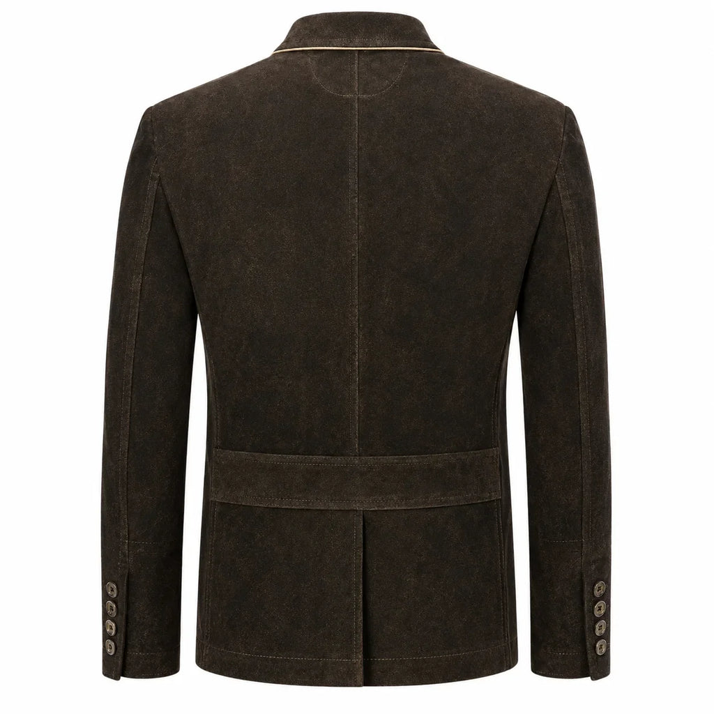 A dark brown suede blazer shown from the back, featuring a structured collar, a central seam, a waist belt, and button details on the cuffs, set against a plain white background.
