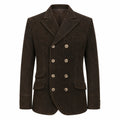 A dark brown double-breasted blazer jacket made of textured corduroy or suede-like fabric, featuring gold-tone buttons and a notch lapel, shown against a plain white background.
