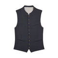 Dark patterned vest with button details on a white background