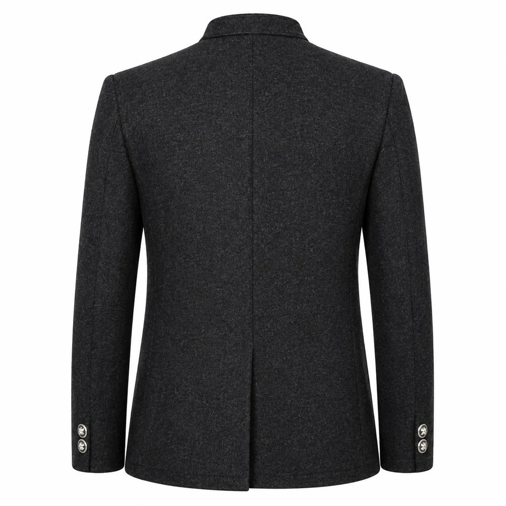 A dark charcoal gray wool-blend blazer shown from the back, featuring a structured collar, a central seam, and button details on the cuffs, set against a plain white background.