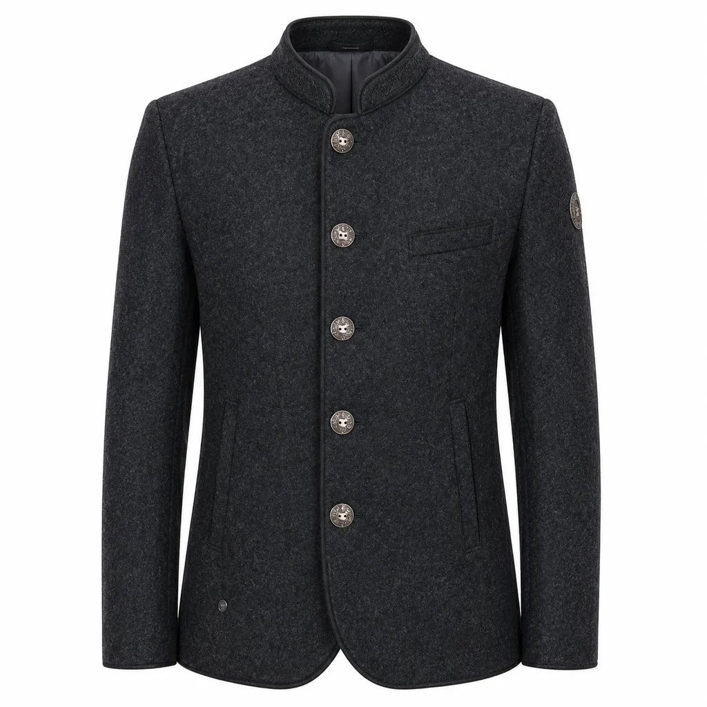 A dark charcoal gray wool-blend jacket with a mandarin collar, five decorative buttons, and a single chest pocket, shown on a plain white background.