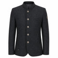 A dark charcoal gray wool-blend jacket with a mandarin collar, five decorative buttons, and a single chest pocket, shown on a plain white background.