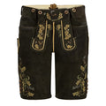 Traditional black lederhosen with gold embroidery on a white background