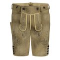 Brown leather shorts with decorative patterns on a white background