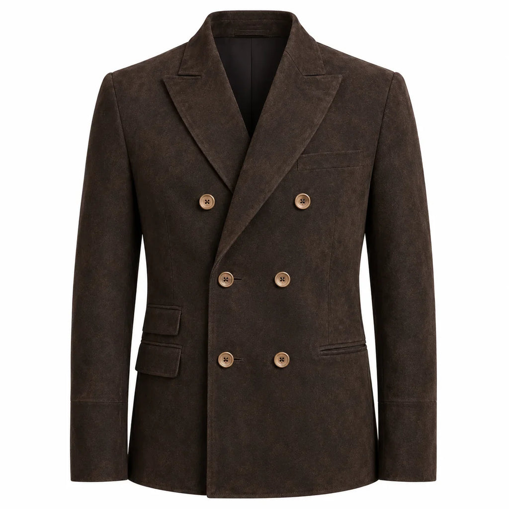 A dark brown double-breasted blazer with a textured, suede-like finish and contrasting light brown buttons, shown on a plain white background.