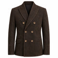 A dark brown double-breasted blazer with a textured, suede-like finish and contrasting light brown buttons, shown on a plain white background.