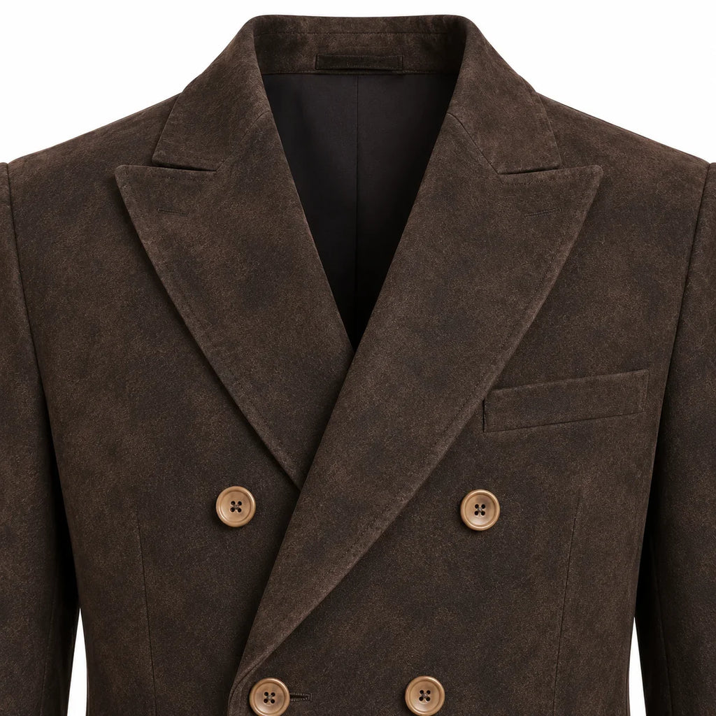 Close-up of a dark brown suede or micro-suede double-breasted blazer with notched lapels and brown buttons, shown on a white background.