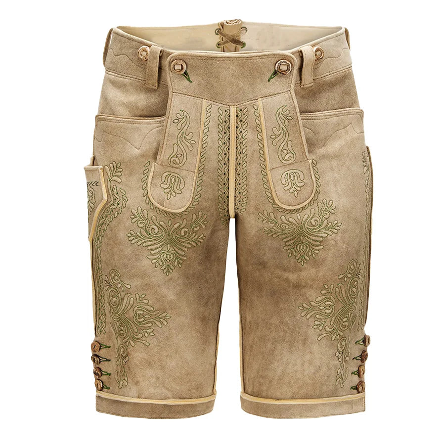 Traditional Bavarian lederhosen with intricate embroidery on a white background