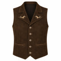 A dark brown suede vest with embroidered antelope designs on the lapels and decorative stitching on the front pockets, shown against a plain white background.