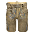 Brown leather shorts with decorative stitching on a white background