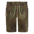 Brown leather shorts with green embroidery on a white background