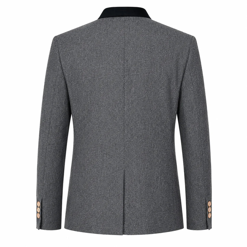 The back view of a men's gray textured blazer with a contrasting black collar and gold buttons on the cuffs, shown against a plain white background.