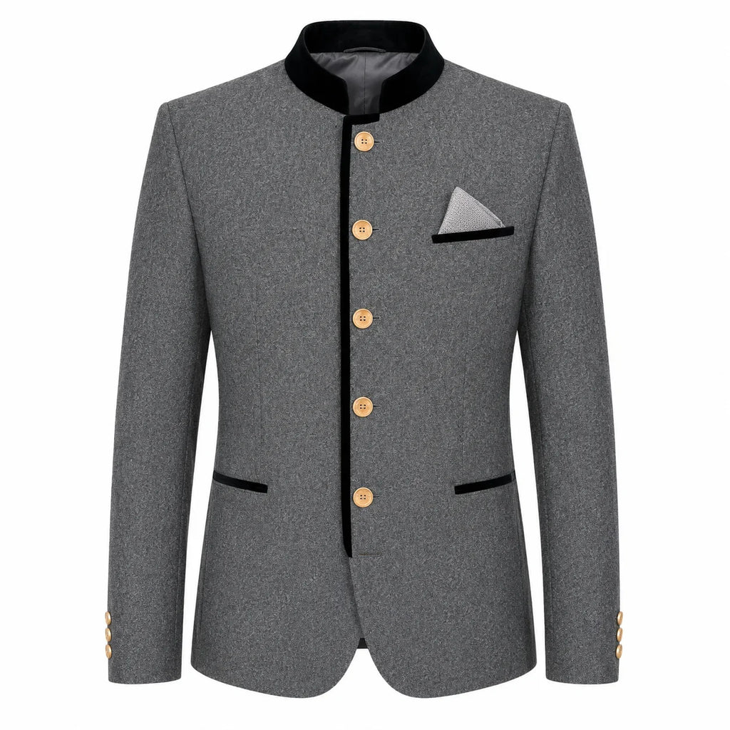 A men's gray textured blazer jacket with black contrast trim on the collar, front placket, pocket flaps, and cuffs, accented by gold buttons and a gray pocket square.
