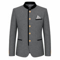 A men's gray textured blazer jacket with black contrast trim on the collar, front placket, pocket flaps, and cuffs, accented by gold buttons and a gray pocket square.