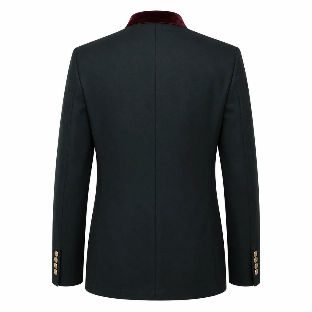The back view of a men's blazer in black, featuring a contrasting dark burgundy velvet collar and gold button accents on the cuffs.