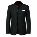 A men's black Nehru jacket with a dark red velvet inner lining and gold-tone buttons, shown on a plain white background.