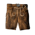 A pair of men's German Lederhosen in smoky brown color with embroidered details and a belt.