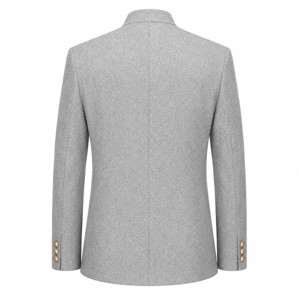 A light gray textured blazer shown from the back, featuring a clean collar, structured shoulders, and gold button accents on the cuffs, set against a plain white background.