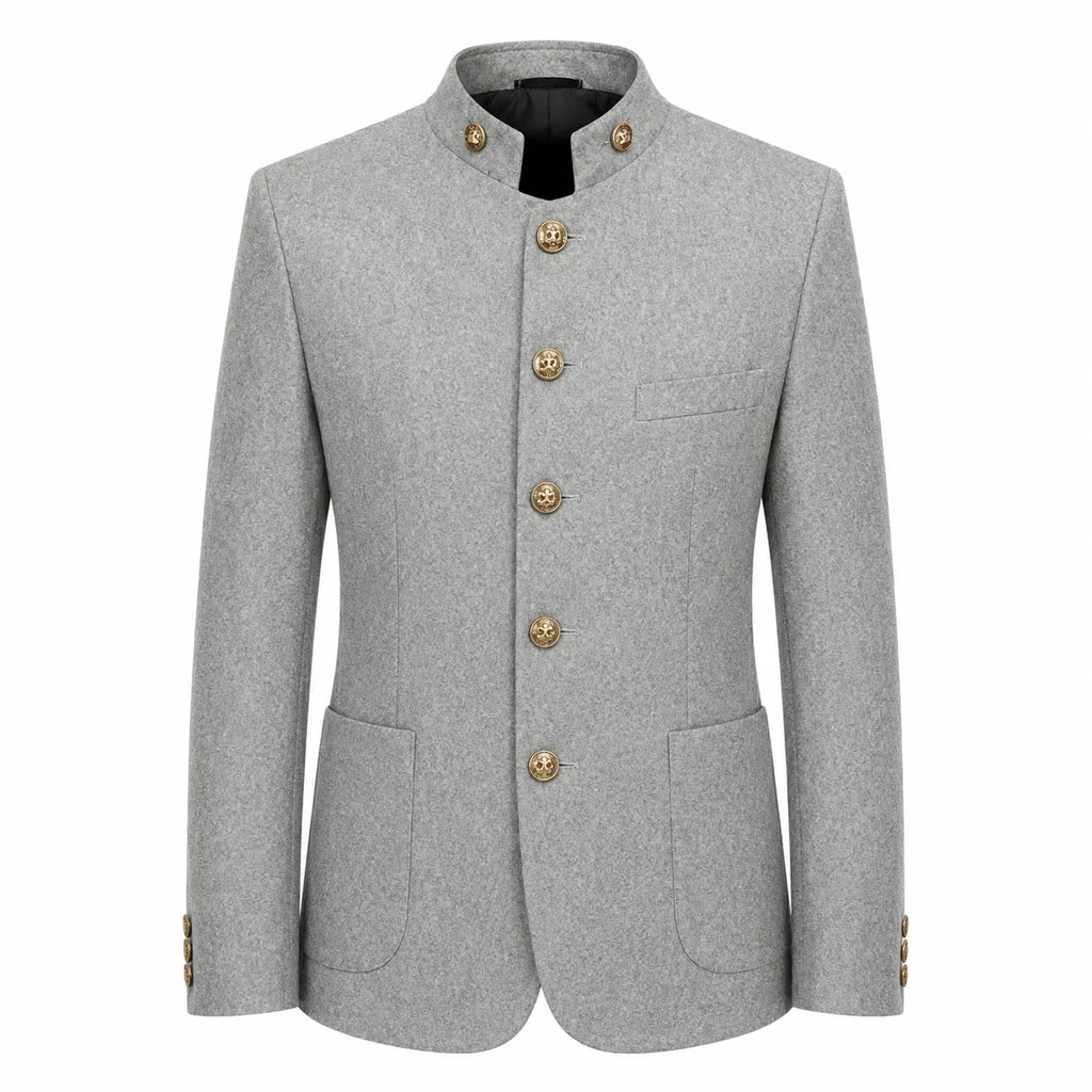 A light gray textured blazer jacket with a mandarin collar and decorative gold-tone buttons, shown on a plain white background.