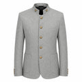 A light gray textured blazer jacket with a mandarin collar and decorative gold-tone buttons, shown on a plain white background.