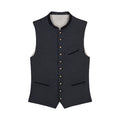 Dark patterned vest with button details on a white background