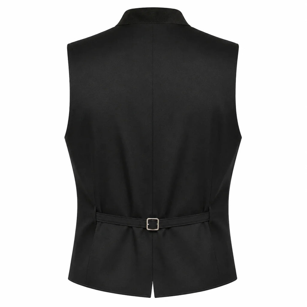 Black sleeveless vest shown from the back, featuring a collar, a self-tie belt with a silver buckle at the waist, and a clean white background.