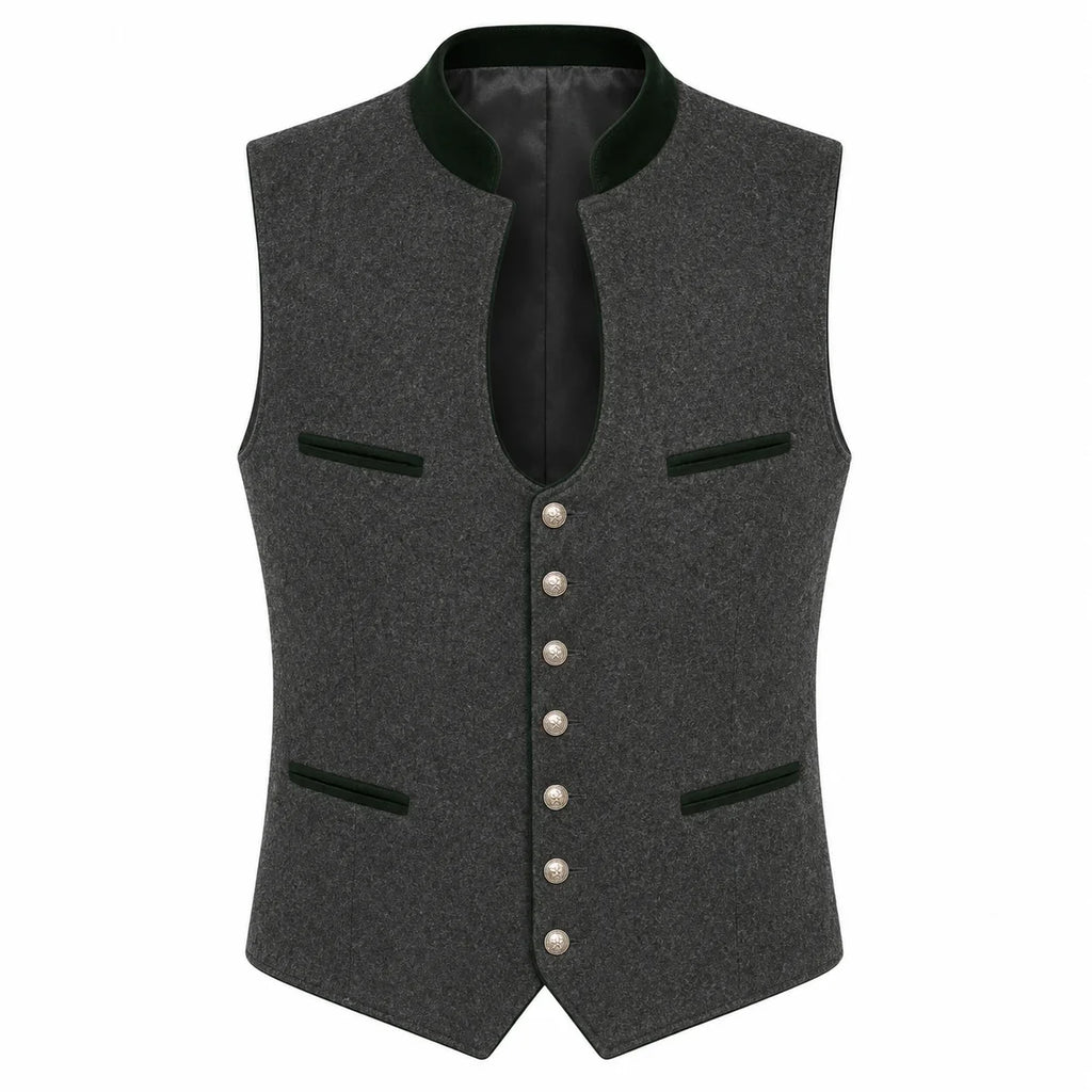 A dark gray wool-blend waistcoat vest with a black satin collar, black trim details, and a row of silver buttons down the front, displayed on a solid white background.