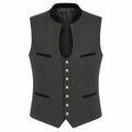 A dark gray wool-blend waistcoat vest with a black satin collar, black trim details, and a row of silver buttons down the front, displayed on a solid white background.