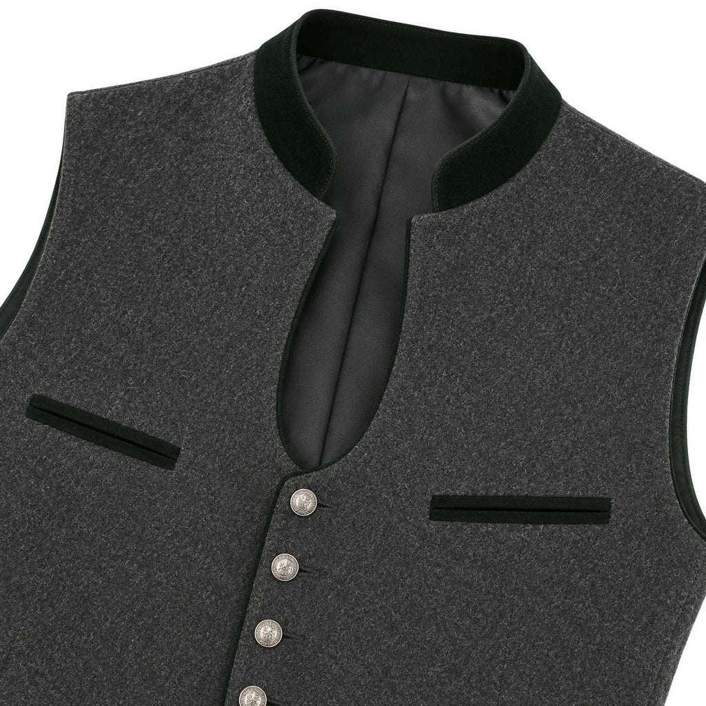Close-up of a dark gray textured waistcoat vest with a black velvet collar, black trim details, and silver buttons, shown on a white background.